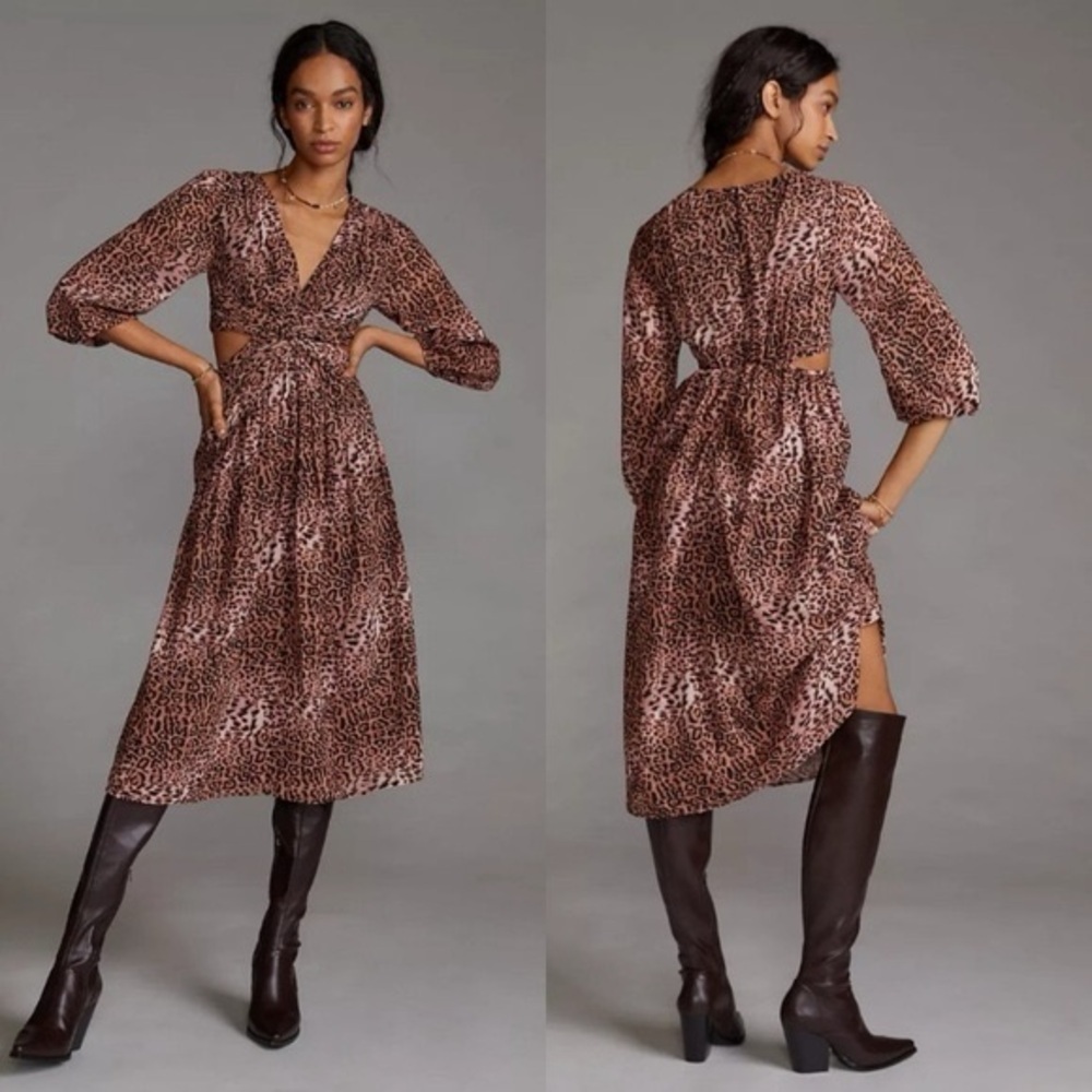 Anthropologie Ranna Gill Cut Out Midi Dress Leopard Print Size XL NWT